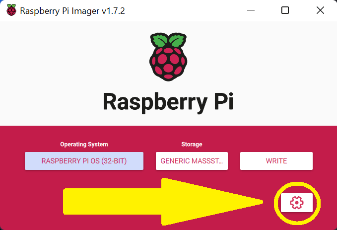raspberry pi imager screenshot with gear marked