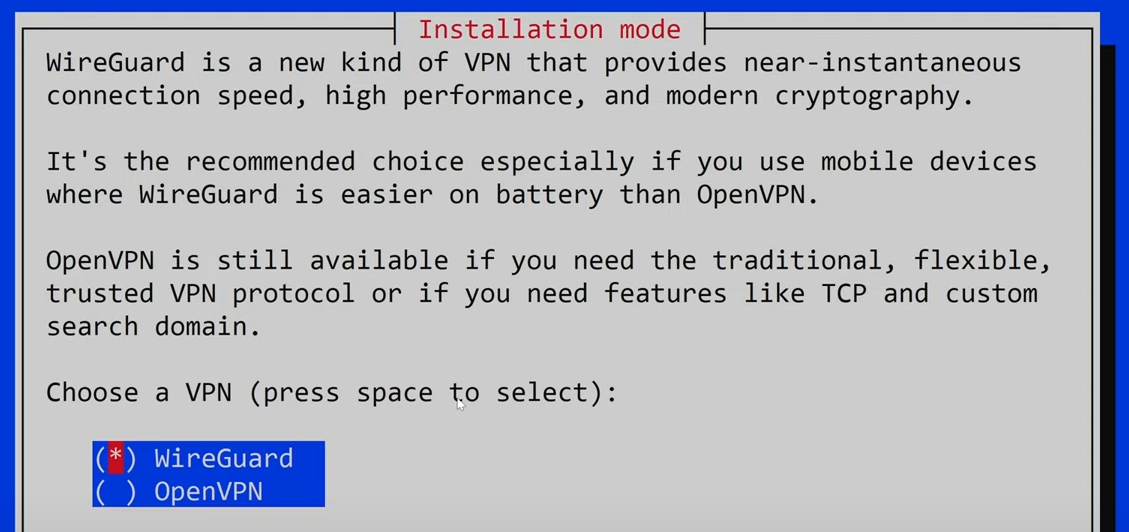 screenshot of the installation mode options